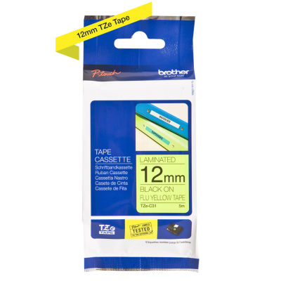 Brother TZe-C31 Flu Sarı Üzerine Siyah Fosforlu Laminasyonlu Etiket 12mm